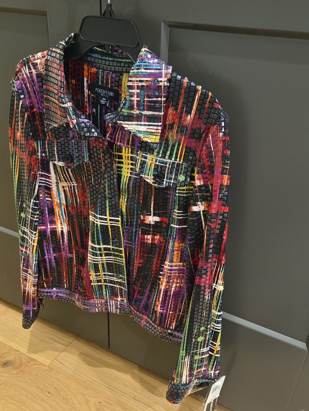 Perceptions Multicolor Abstract Plaid Jean Jacket